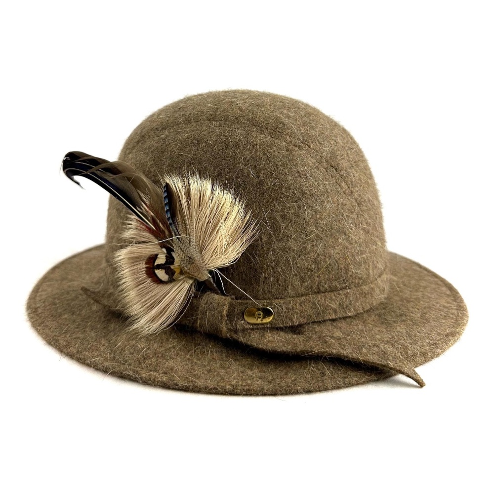 Vintage 1960’s 1970’s Brown Rabbit Hair Felted Wool Round Fedora Hat - Feathers